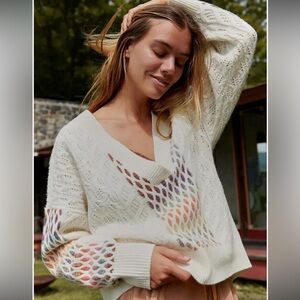 Anthropologie Maeve Cream V-Neck Wool Sweater with Colorful Details